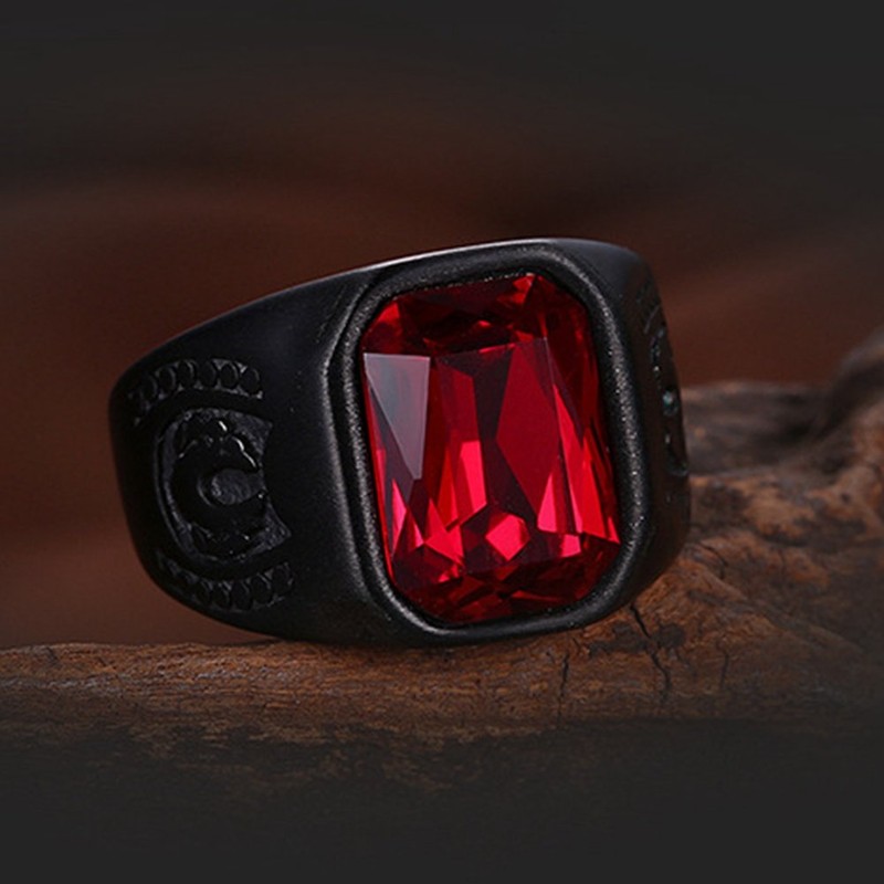 Black Stainless Steel Red Crystal Signet Biker Ring (Z+5)