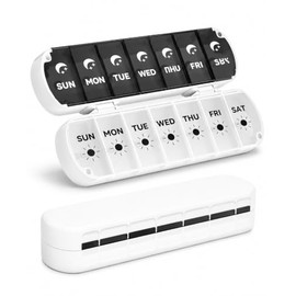7 Day Pill Organiser with Magnetic Closure & Removable Lids (Black + White)