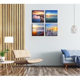Seascape Wall Decor Canvas Wall Art / 4 Panel Blue and Yellow Beach Sunrise and Sunset Framed Painting Ocean Sea Theme Nautical Scenery Landscape Office Home Decoration for Boy Girl Women 12x12inch
