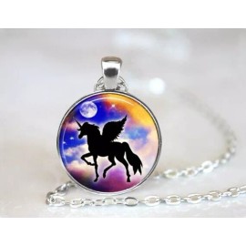 Fashion Jewelry MOON UNICORN FANTASY  1" Large Round Pendant Charm Silver 20" Necklace Women Men