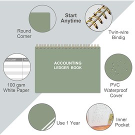 Accounting Ledger Book - A5 Ledger Book for Bookkeeping, Small Businesses & Personal Use, Expense Tracker Notebook for Tracking Money, Expenses, Deposits & Balance, 8.5" x 5.8", Green