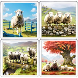 Sheep Coaster Set. 4 different Sheep Pictures on 10cm x 10cm Acrylic Coasters. Boxed Coaster Drip Mat Set. Sheep Gift Coaster Set