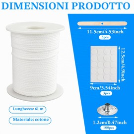 Stoppino in Cotone per Candele - 6100 cm, Intrecciato, Senza Fumo, Naturale, Inodore - Set di 100 Pezzi per Produzione Fai da Te, Natale