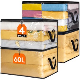Lifewit 4 Piezas Bolsas para Guardar Ropa Transparentes 60L, Bolsas Almacenaje Ropa Plegable de PVC, Cajas Almacenaje con Asas, Organizador Armario Pa
