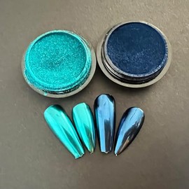 Vonrui Green Blue Chrome Nail Powder Set Metallic Mirror Effect Holographic Nail Powder,Nail Art Glitter Decoration Chrome Nail Powder 2 Jars