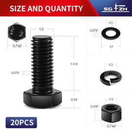 1/2-13 x 1-1/4" Hex Head Screw Bolt, Nuts, Flat & Lock Washers, 20Pcs 18-8 (304) Stainless Steel, Fully Threaded, Black Oxide by SG TZH