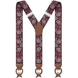 Bioterti Leather Clip And Button Suspenders For Men, Y-Back Style For Formal Outfits (Burgundy Paisley)