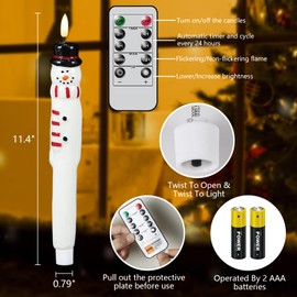 Wondise Christmas Flameless Candles with Remote and Timer, Snowman Battery Operated Real Wax 3D Wick Flameless Flickering Taper Candles for Christmas Holiday Decor (2pcs 0.79" x 11.4")