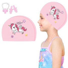Norhogo Kids Swimming Cap, Elastic Waterproof Non-Slip Kids Swimming Cap with Ear Plugs and Nose Clip (Unicorn)