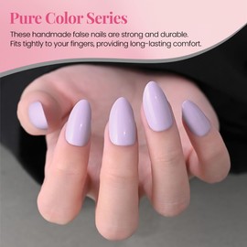 Stbisen Light Purple Press on Nails Short Almond, Fashion Solid Almond Fake Nails Kit, Glossy Gel Finish Acrylic Press On Nails, Natural Glue On Nails, Reusable Stick On Fake Nails for Women, 30Pcs