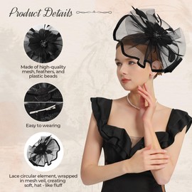 Vintage Fascinators for Women Kentucky Derby Hats Feather Flower Lace Hair Clip for Wedding Dancing Party Black