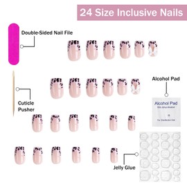 Press on Nails Medium Square SWEKKE Pink French Tip Fake Nails Leopard Print False Nails with Bow Charms Designs Glossy Glue on Nails Reusable Stick on Nails Acrylic Nails for Women Girls 24Pcs