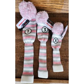 Maxfli 1, 3 & Hybrid Vintage Look Knit Pink Gray White Pom Golf Club Head Covers