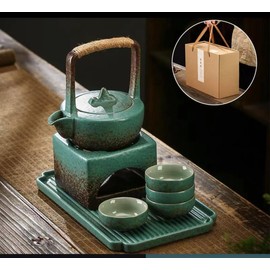 Ceramic travel tea set. 1 pot, 4 cups, 1 tea tray, 1 tea warmer, Chinese Kung Fu tea set, 2 colors (green)