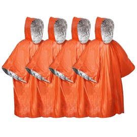 RetiSports Emergency Poncho, Survival Mylar Blanket with Hood, Heavy Duty, Waterproof Camping, Hiking and Running Gear, Pack of 4, Orange/Silver, RS-Poncho-O4P