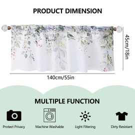 Short Panels Kitchen Curtains Valances, Fresh Green Leafy Watercolor valances for Windows, Botanical Print Decorative Window Valances for Living Room Bathroom Bedroom (55 x 18 in)