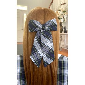 ClassExceed Extra Large Long Tail Jumbo Size School Uniform Plaid Girls Hair Bow with French Barrette (White green Navy *Plaid #80*)
