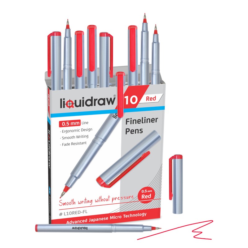 Liquidraw 10 Red Fineliner Pens Set Fine Point Pens 0.5mm