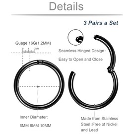 Thunaraz 3 Pair Stainless Steel 16G Sleeper Earrings Septum Clicker Nose Lip Ring Body Piercing (D:Black)