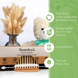 Ibambo 200 Pack Bamboo Baby Cotton Swabs - Double Tipped Child Safety Cotton Swabs for Ear and Nose Cleaning | Perfect for Diaper Bags, Kids, Personal Care, Arts & Crafts | Hypoallergenic Baby Swabs