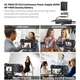 F1TP NP-FW50 Dummy Battery & AC-PW20 Power Adapter Kit for Sony ZV-E10, Continuous Power Supply for Alpha A6000 A6100 A6300 A6400 A6500 A5000 A5100, A7 A7II A7R A7S A7RII A7SII, RX10 II III IV Cameras