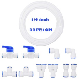 1/4" OD Quick Connect Push in to Connect Water Tube Fitting 10pcs+1/4 inch RO Water White Tubing, 10M(32FT)