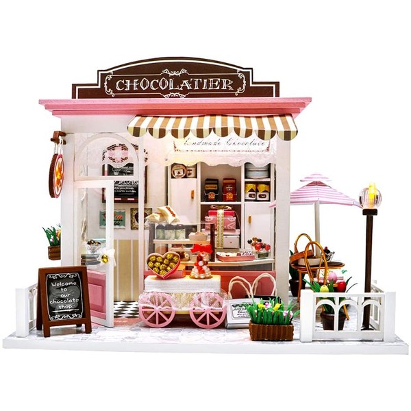 TODY Miniature Dollhouse Kit DIY Dollhouse Wooden Miniature Furniture Kit Mini Pink Chocolate Store with LED Light Sweet Birthday for Adults ,Girls 1:24 Scale with Dust Cover