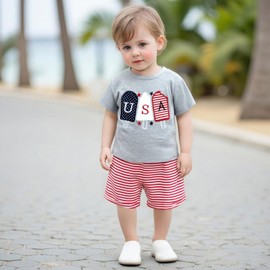 Meiweileya Toddler Baby Boy Girl 4th Of July Outfit USA Popsicle Short Sleeve Patriotic Tshirt Striped Shorts Independence Day Clothes (Gray, 6-12 Months)