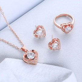 TOFBS Jewellery Set for Women and Girls Fashion Heart Necklace Earrings Ring Bracelet Set 4 PCS Ring Set with Cubic Zirconia Jewellery Jewelry Set Gift (Rose Gold)