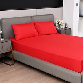 Fitted bed Sheet 40CM Extra Deep Red Super King Bed Size Hotel Quality Poly Cotton (Red, Super King 40CM)