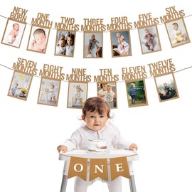HiParty 1st Birthday Baby Photo Banner for Newborn to 12 Months, First Birthday Decorations for Boys or Girls, First Birthday Photo Banner with High Chair ONE Banner Party Decoration, Kraft