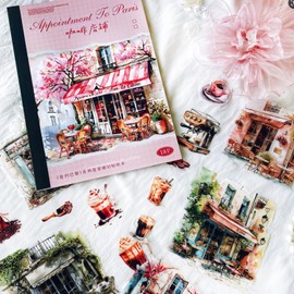 Scrapbooking Accessories Stickers, Bullet Journal Sticker PET Scrapbook Sticker Set, Flowers and Landscape Building Sticker Decoration for Photo Album, Calendar, Journaling, Painting (Coffee Shop)