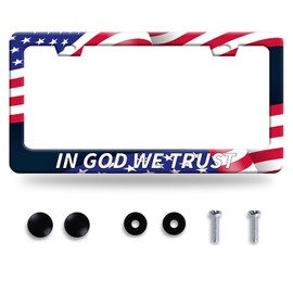 in God We Trust License Plate Frame with American Flag Christian License Plate Colroful Stainless Steel Auto Parts Funny License Plate Decoration Screws Size 12.3 "x 6.3"