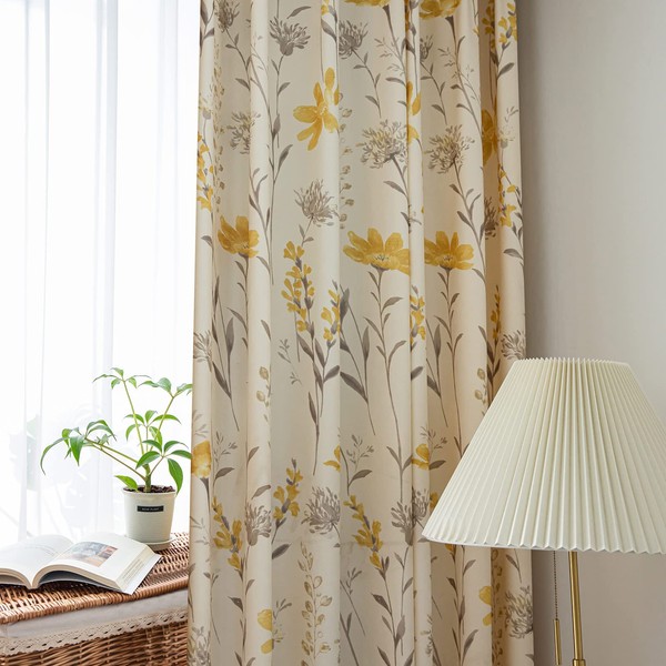 SUOUO Yellow Floral Curtains for Living Room Chenille Printed Grey
