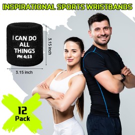 Poen 12 Pairs Inspirational Wrist Bands Men Women Christian Sweatbands I Can Do All Things Black Wristbands Sweatbands for Tennis Football Basketball Running Gym Working out