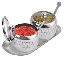 Worldity 2 Pcs Stainless Steel Sugar Bowl with Lid Spoon and Tray, 350 ml/12 Oz Sugar Container, Spice Containers with Spoon, Small Spice Containers for Serving Dish, Storage for Salt, Candy, Coffee