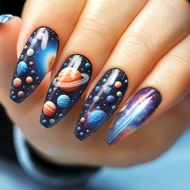 NGMATY Cosmic Starry Press On Nails Long Coffin - Fantasy Planet & Moon Design, Black Night Sky Fake Nails, Glossy Full Cover Glue on Nails for Women, Ballet Shape Nail Art Set(Stellar Dreamscape)