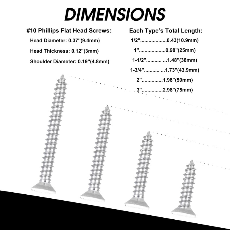 White Head 50 PCS #10X3" Stainless Steel Phillips Flat Head