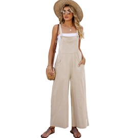 Flygo Women's Cotton Bib Overalls Loose Fit Wide Leg Jumpsuits Casual Rompers with Pockets(Khaki-M)