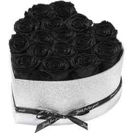 16 Forever Flower Roses in a Silver Glitter Heart-Shaped Box, Long-Lasting Preserved Rose Flower, Gifts Flowers for Birthday, Anniversary, Get Well, Sympathy, Congratulations, Thank You(Black)