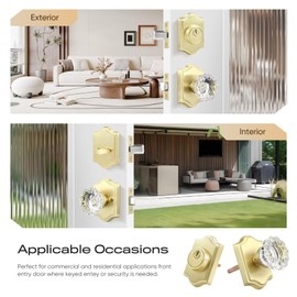 Leydebong 1 Pack Gold Crystal Glass Door Knob & Deadbolt Lock Set - Keyed Alike, Heavy Duty Entry Door Knob & Single Cylinder Deadbolt Combo for Front Doors, Offices, Satin Brass Finish