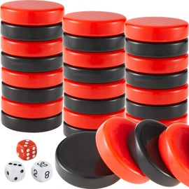 Skylety 30 Pcs Backgammon Pieces Checkers, 1.25 Inch Replacement Checkers Board Game Playing Game Chips with 5 Dice(Black, Red)