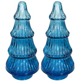 Sweet Summer Living Christmas Glass Trees Set of 2 Pieces 4 inch Width x 8 inch Heigh Tabletop Ribbed Jolly Blue