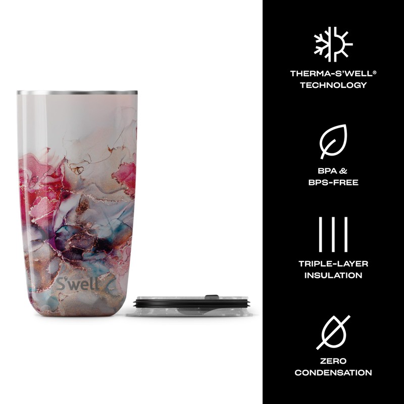 S'well Stainless Steel Tumbler with Slide-Open Lid, 18oz, Rose Marble,