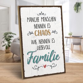 ARTFAVES® Wooden Sign with Saying "Familie & Chaos | Shabby Chic Vintage Sign | Decorative Gift for Family, Home | Size: 19 x 28 cm