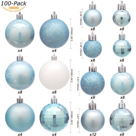 Sea Team 100 Pieces of Assorted Christmas Ball Ornaments Shatterproof Seasonal Decorative Hanging Baubles Set with Reusable Hand-held Gift Package for Holiday Xmas Tree Decorations, Babyblue