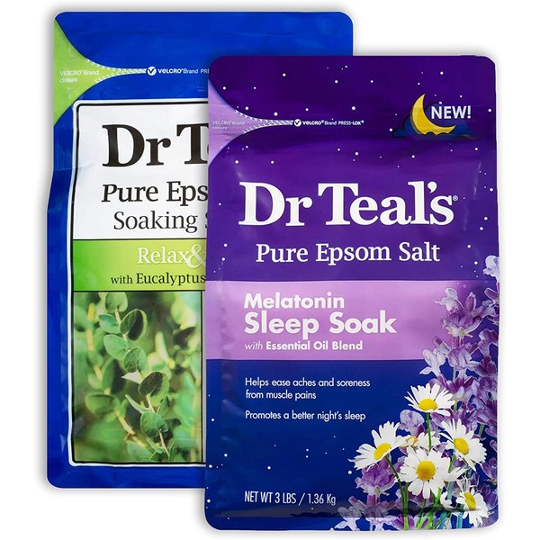Dr Teal's Epsom Salt Bath Combo Pack (6 lbs Total), Relax & Relief with Eucalyptus & Spearmint, and Melatonin Sleep Soak
