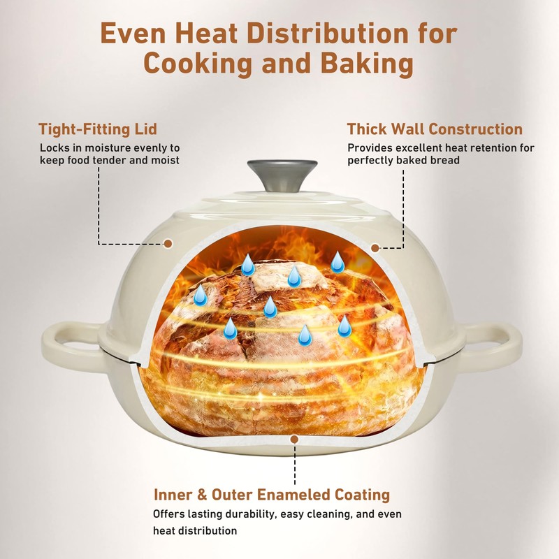 Cast Iron Dutch Oven with Lid, 6 Quart Enameled Bread