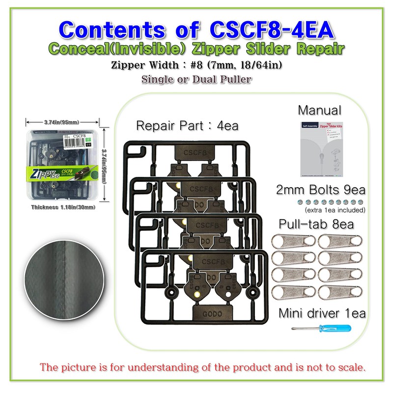 GODO CSCF8-4EA Conceal Zipper Slider Repair Replacement Kits - #8