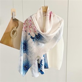 Jeelow 100% Mulberry Silk Scarf for Women Luxurious Lightweight Soft Sheer Wrap Long Oblong Shawl (Blue Red Lotus)